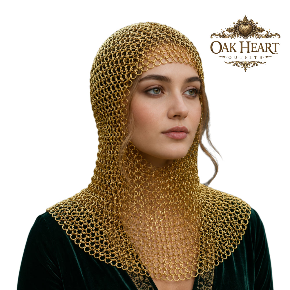 Medieval Brass Chainmail Coif – 9mm Flat Riveted Ring Hood with Washers,