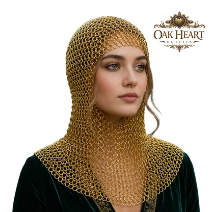 Medieval Brass Chainmail Coif – 9mm Flat Riveted Ring Hood with Washers,