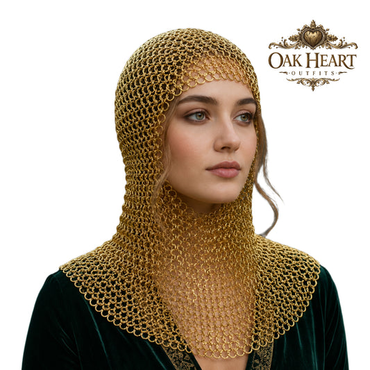 Medieval Brass Chainmail Coif – 9mm Flat Riveted Ring Hood with Washers,