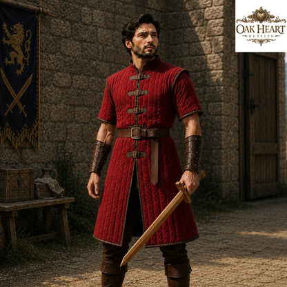 Medieval Crimson Gambeson – Quilted Padded Aketon Armor, Ren Faire
