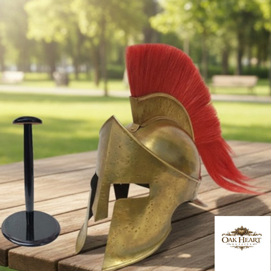Spartan Helmet with Red Plume – King Leonidas Cosplay Armor, Wooden Stand