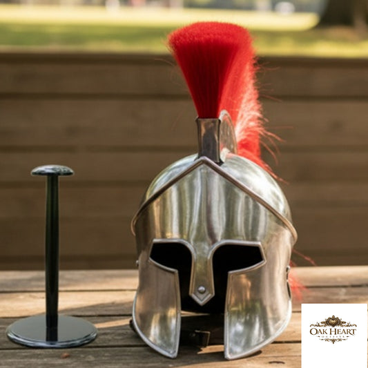 300 King Leonidas Spartan Helmet Greek Warrior with Red Plume & Wooden Stand