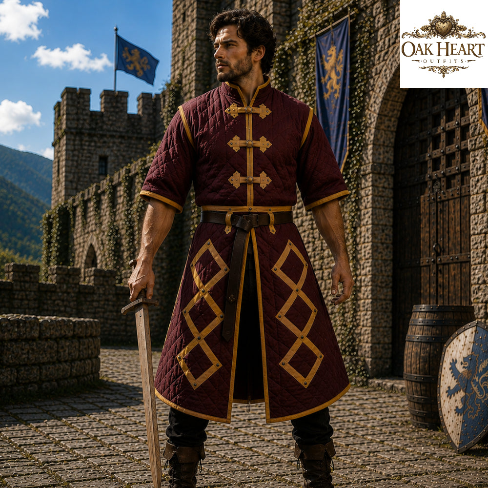 Medieval Cotton Padded Gambeson Jacket Brown Leather Trim | Quilted Armor Coat for LARP, SCA, Ren Faire, Cosplay