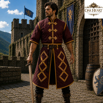 Medieval Cotton Padded Gambeson Jacket Brown Leather Trim | Quilted Armor Coat for LARP, SCA, Ren Faire, Cosplay