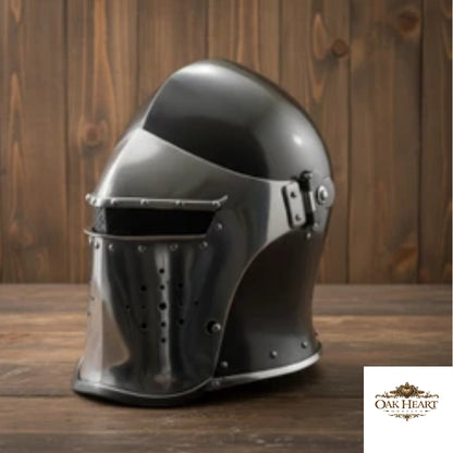 Medieval Barbuta Helmet Armor with Inner Leather Liner,  Wooden Stand