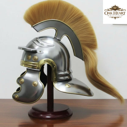 Roman Centurion Helmet with Brown Plume and Wooden Stand