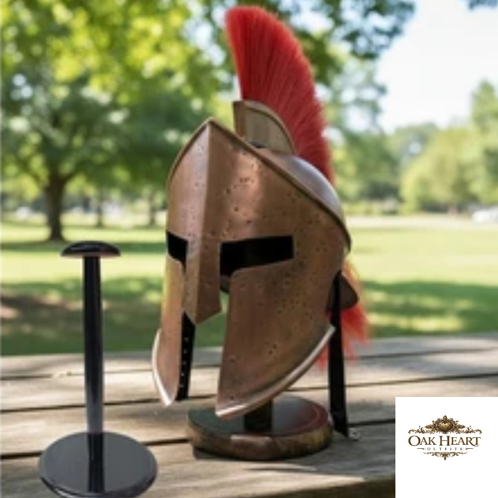 Leonidas King Greek 300 Spartan Helmet with Red Plume,  Wooden Stand