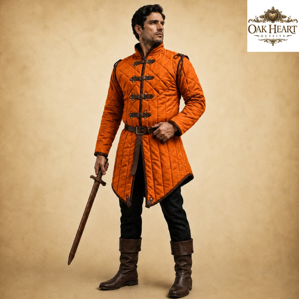 Medieval Gambeson Jacket | Quilted Cotton Aketon with Leather Trim