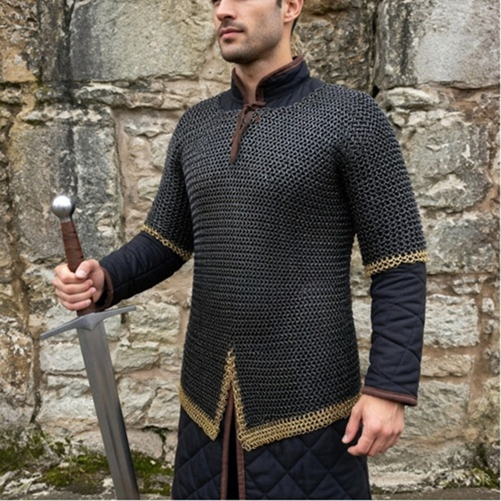 9MM Riveted Chainmail Haubergeon – Flat Ring Viking Armor Shirt with Brass Trim