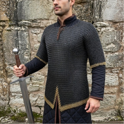 9MM Riveted Chainmail Haubergeon – Flat Ring Viking Armor Shirt with Brass Trim