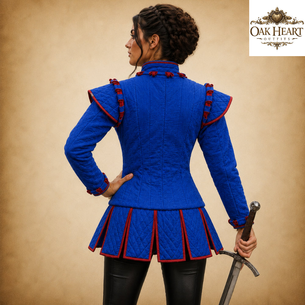 Women's Medieval Gambeson – White Quilted Padded Armor Jacket with Red Trim