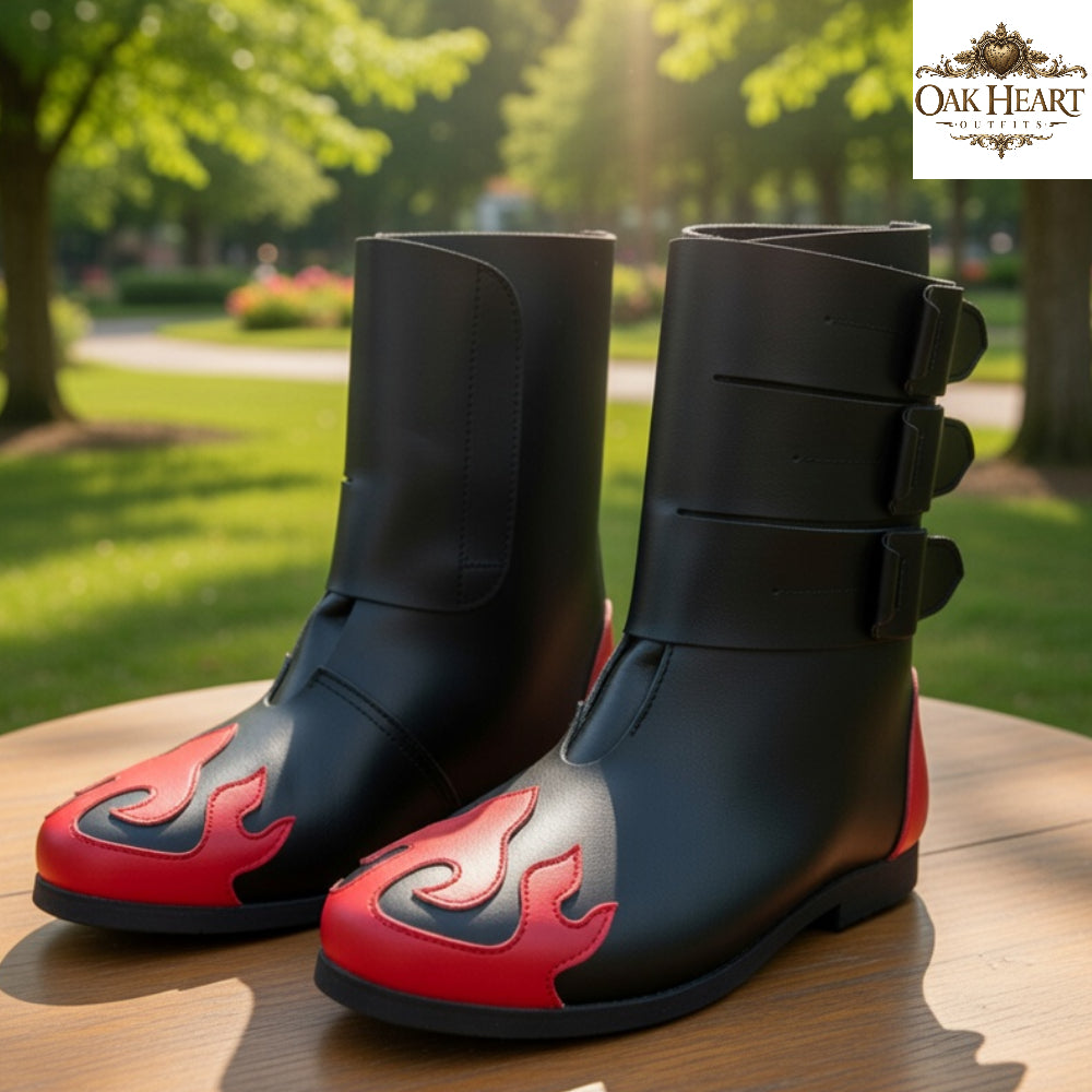 Medieval Black Leather Boots – Red Flame LARP Fantasy Costume Shoes