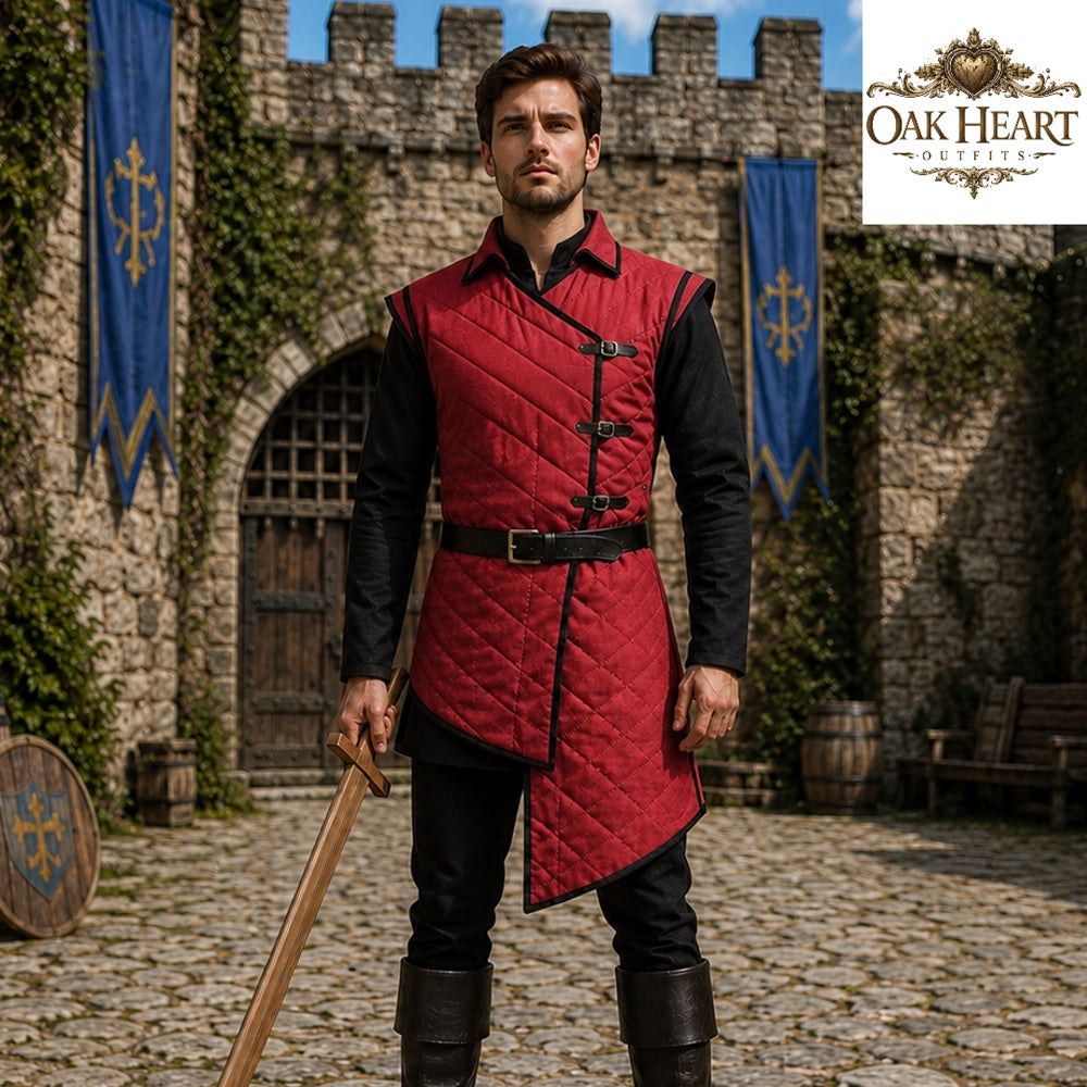 Medieval Wine Red Gambeson Armor – Quilted Viking Jacket for LARP,