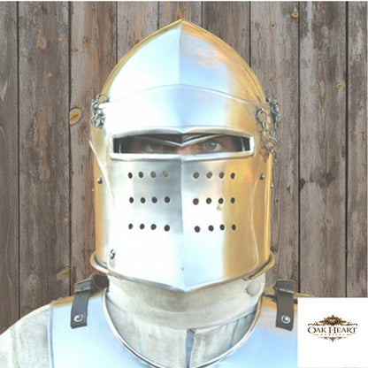 Medieval Knight Armor Barbute Helmet With Wooden Stand