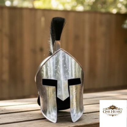 King Leonidas Greek Spartan Helmet with Black Plume, Wooden Stand