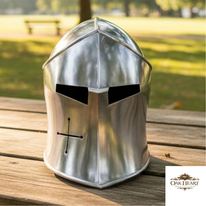 Medieval Barbuta Helmet – Silver Knight Armor Helm with  Wooden Stand