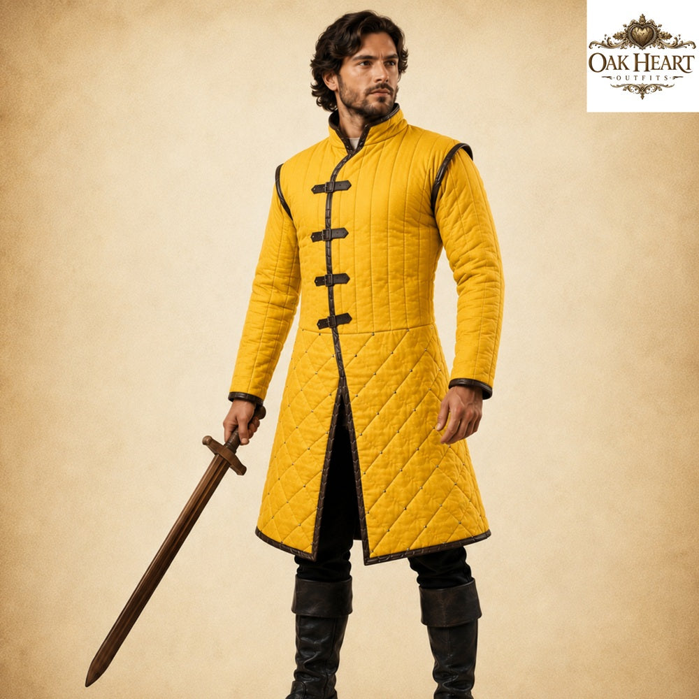 Renaissance Fair Padded Gambeson Armor with Brown Leather Trim | Medieval Quilted Jacket | LARP SCA Ren Faire Easter Gift