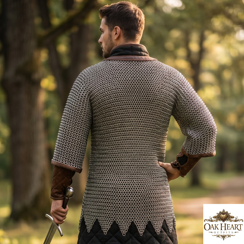 Medieval Chainmail Shirt 9mm Flat Riveted – Leather Trim Zig-Zag Design Armor