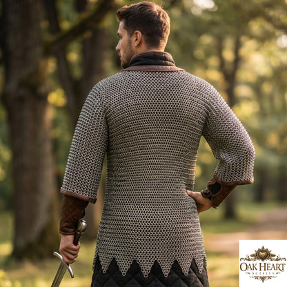 Medieval Chainmail Shirt 9mm Flat Riveted – Leather Trim Zig-Zag Design Armor