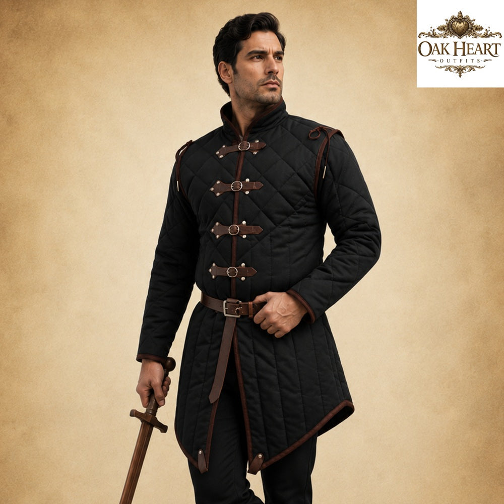 Medieval Gambeson Jacket | Quilted Cotton Aketon with Leather Trim