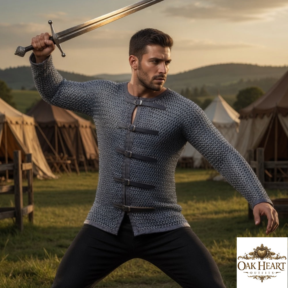 Aluminum Chainmail Hauberk – 16 Gauge 10mm Flat Riveted Armor with Leather Trim