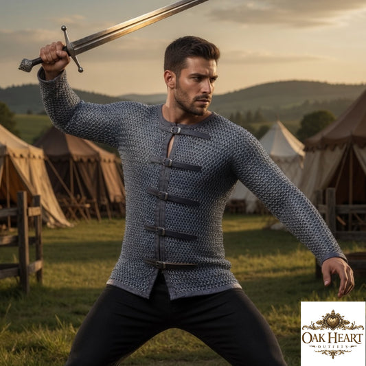 Aluminum Chainmail Hauberk – 16 Gauge 10mm Flat Riveted Armor with Leather Trim