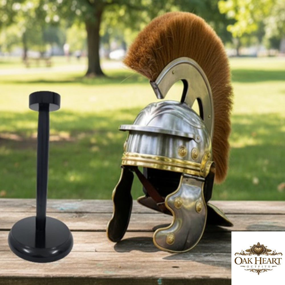 Roman Centurion Helmet with Brown Plume and Wooden Stand