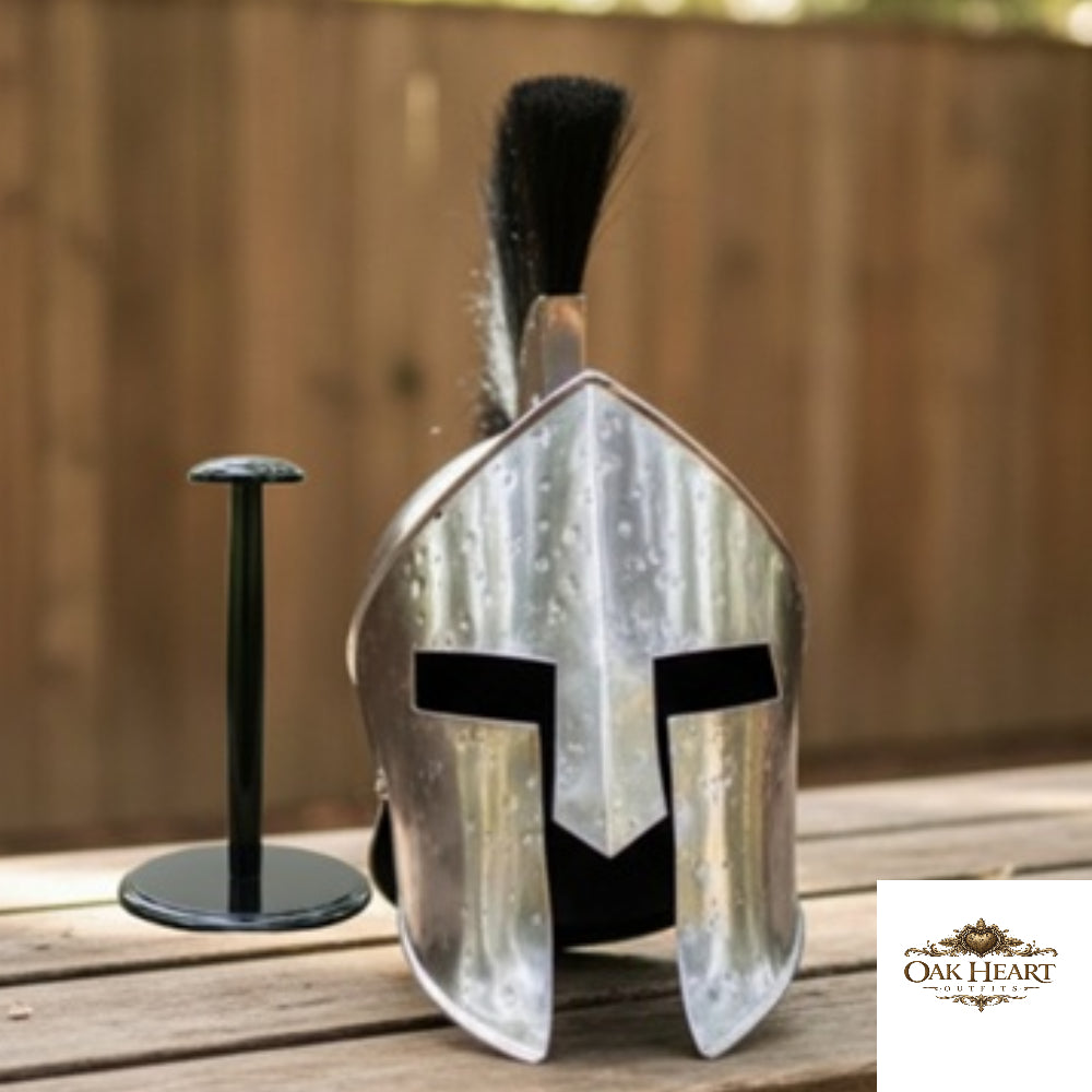 King Leonidas Greek Spartan Helmet with Black Plume, Wooden Stand