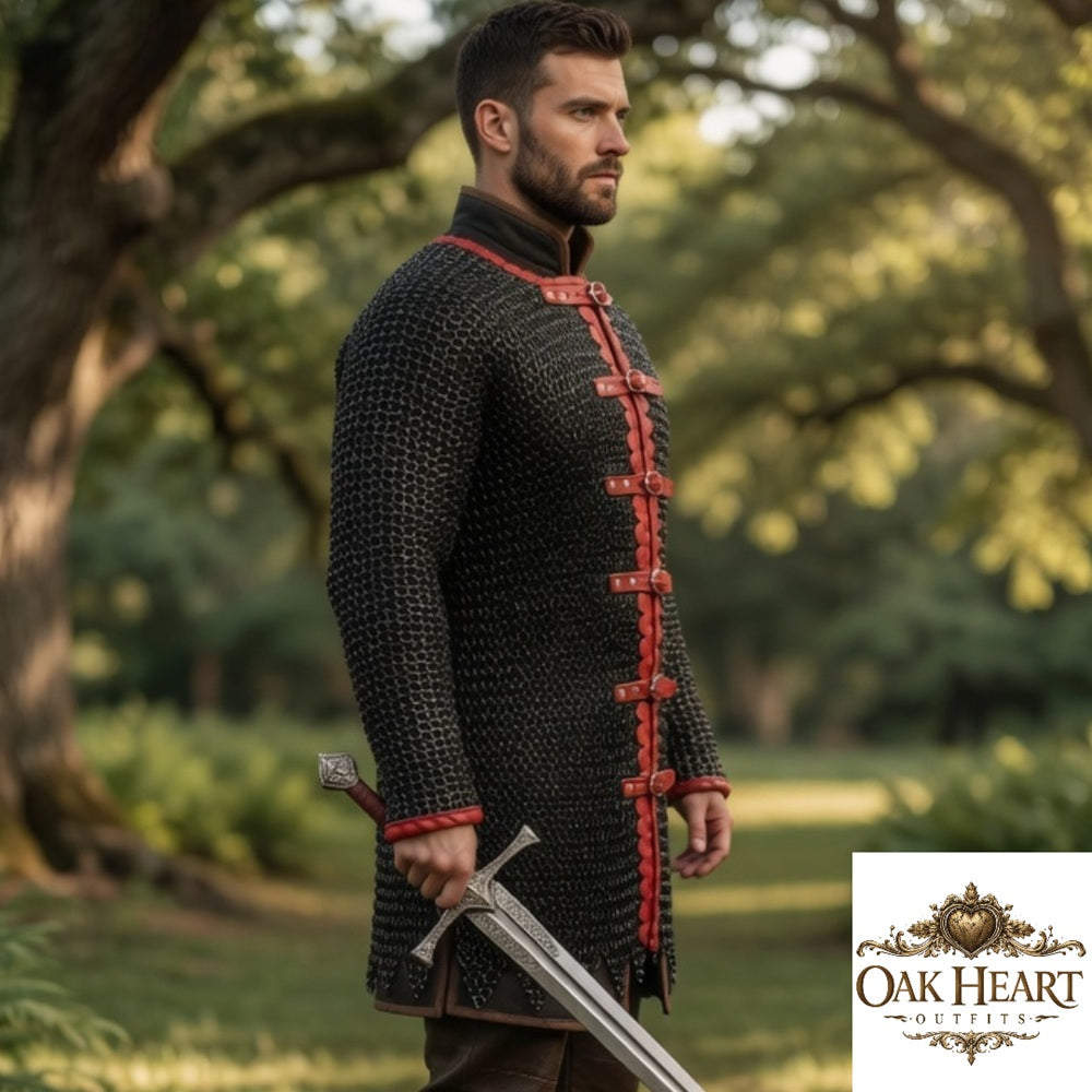 Medieval Black Chainmail Shirt – 10mm Flat Rings, Handmade Aluminum Armor, Zig Zag Border