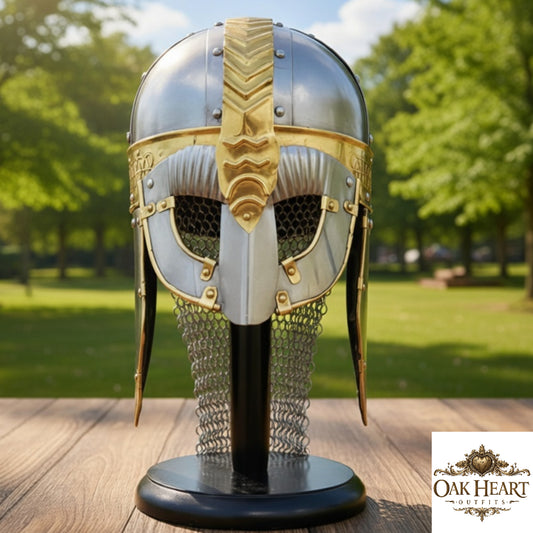 Medieval Gjermundbu Viking Helmet – Norse Knight Helmet with Wooden Stand