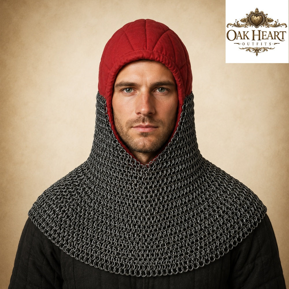 HMB Buhurt Chainmail Coif - Riveted Mild Steel Armor Hood with Padded Arming Cap