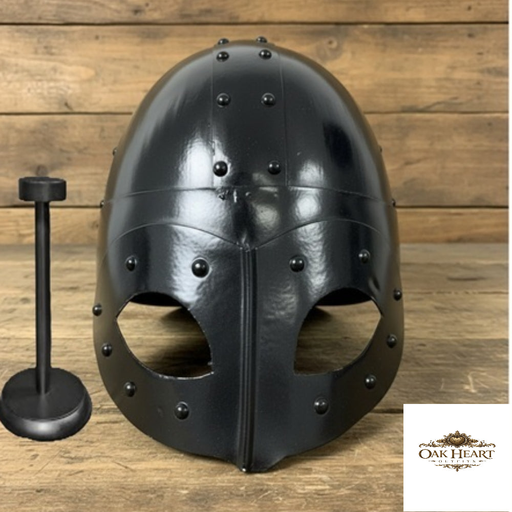 Viking Mask Helmet – Black 18 Gauge Steel Warrior Helm for LARP & Cosplay –  Stand