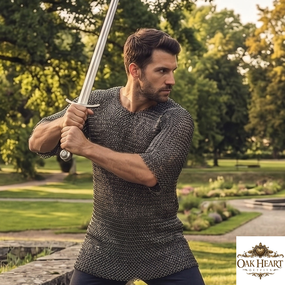 Medieval 9mm Riveted Chainmail Shirt – Mild Steel Armor with Brass Accents