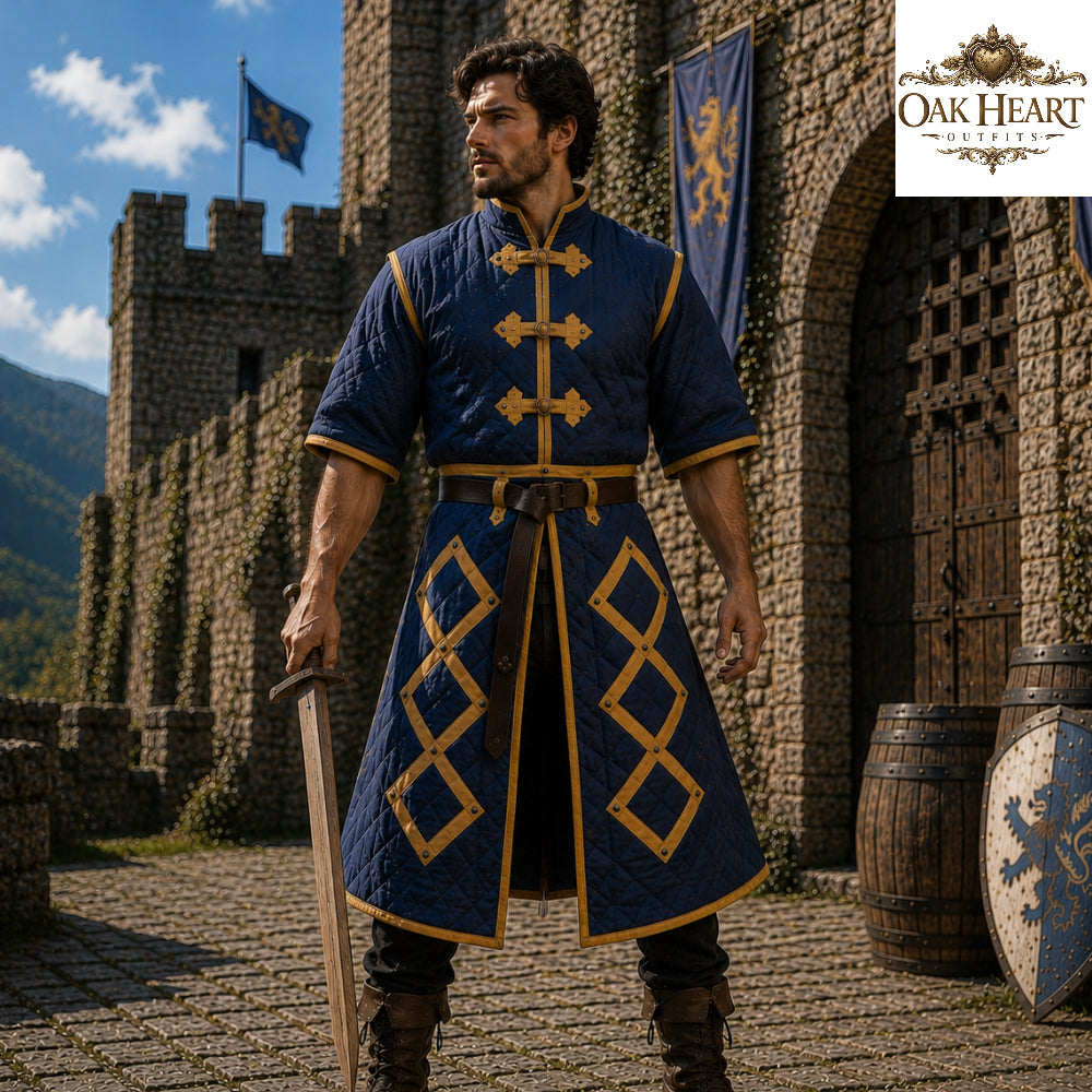Medieval Cotton Padded Gambeson Jacket Brown Leather Trim | Quilted Armor Coat for LARP, SCA, Ren Faire, Cosplay