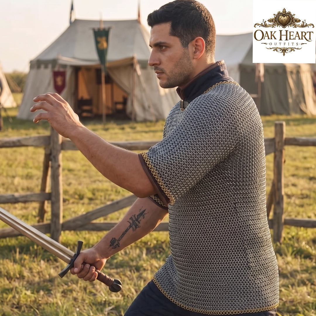 Medieval 9mm Round Riveted Chainmail Hauberk, Riveted Mild Steel Armor, Brass Trim, Half Sleeve Warrior Shirt