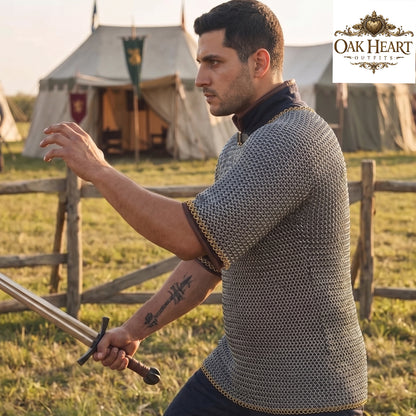 Medieval 9mm Round Riveted Chainmail Hauberk, Riveted Mild Steel Armor, Brass Trim, Half Sleeve Warrior Shirt