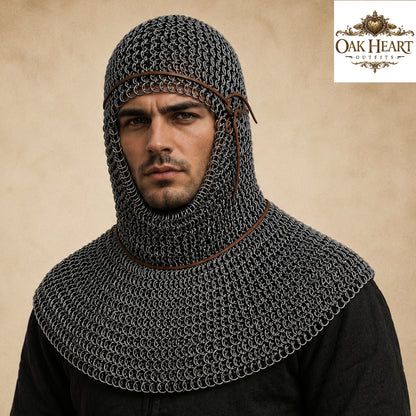 9MM Flat Ring Chainmail Coif – Medieval Armor Hood for LARP & Cosplay