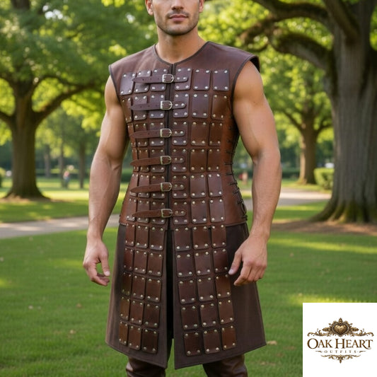 Men’s Brown Leather Gladiator Armor Outfit – Roman Warrior Costume with Buckle Design”