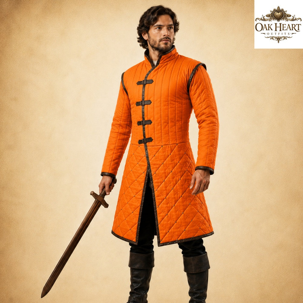 Renaissance Fair Padded Gambeson Armor with Brown Leather Trim | Medieval Quilted Jacket | LARP SCA Ren Faire Easter Gift