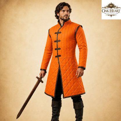 Renaissance Fair Padded Gambeson Armor with Brown Leather Trim | Medieval Quilted Jacket | LARP SCA Ren Faire Easter Gift