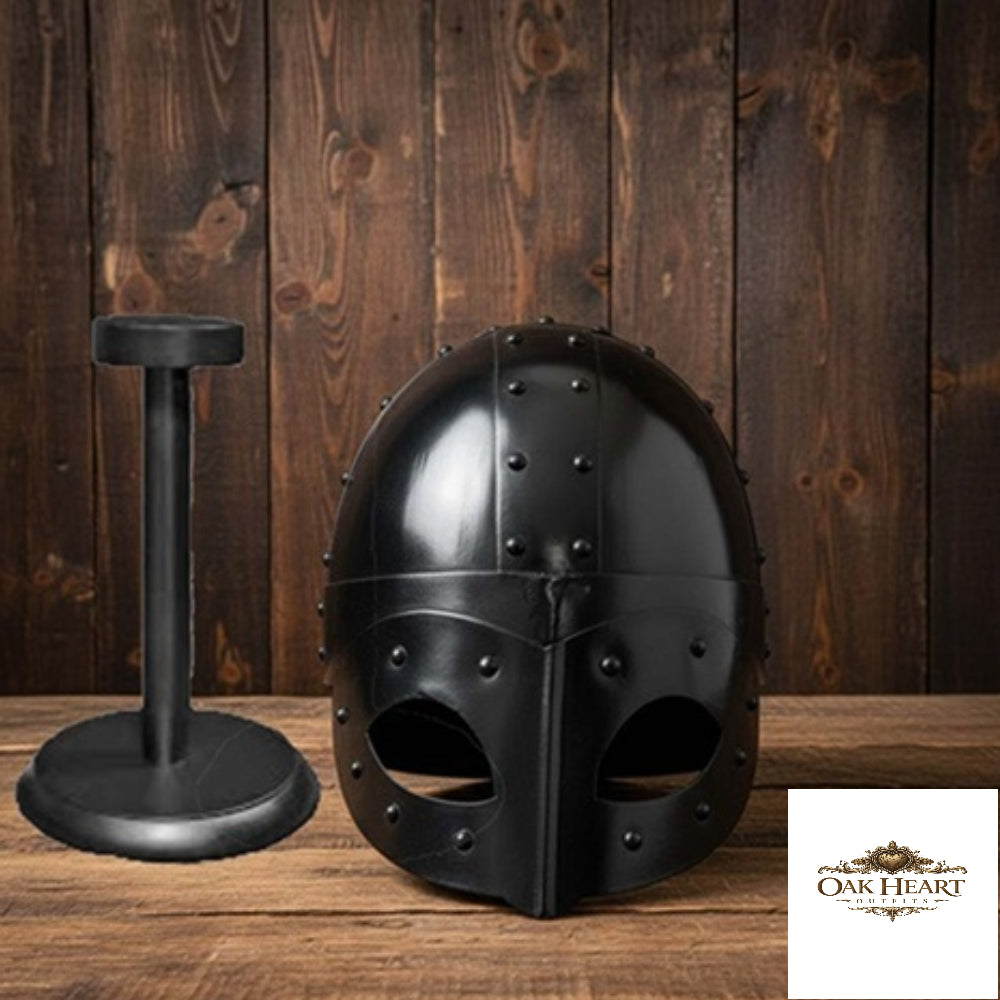 Viking Mask Helmet – Black 18 Gauge Steel Warrior Helm for LARP & Cosplay –  Stand