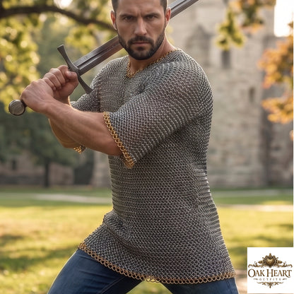Medieval 9mm Flat Ring Chainmail Shirt – Riveted Mild Steel with Brass Trim