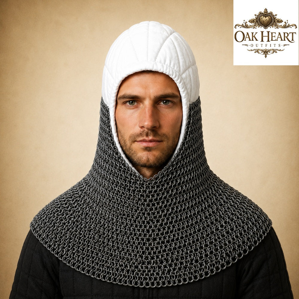 HMB Buhurt Chainmail Coif - Riveted Mild Steel Armor Hood with Padded Arming Cap
