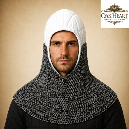HMB Buhurt Chainmail Coif - Riveted Mild Steel Armor Hood with Padded Arming Cap