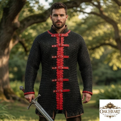 Medieval Black Chainmail Shirt – 10mm Flat Rings, Handmade Aluminum Armor, Zig Zag Border