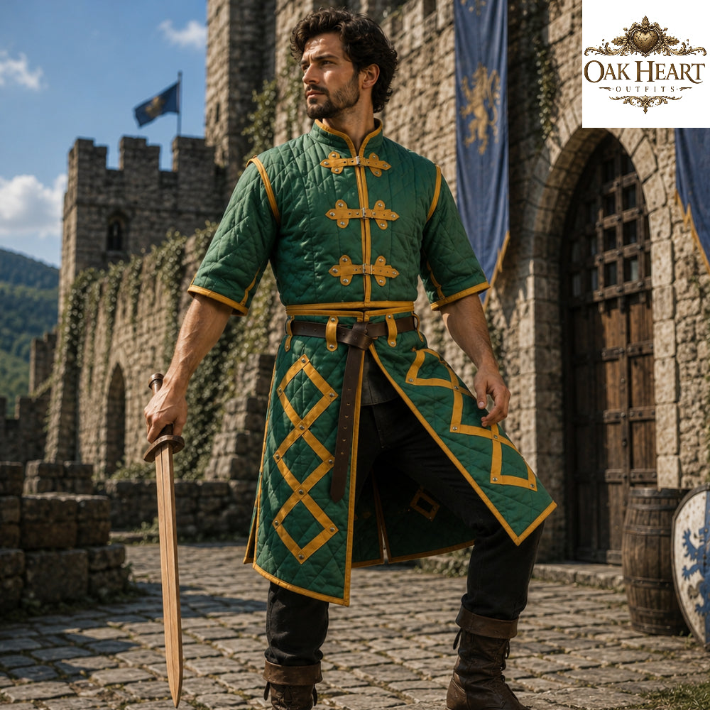 Medieval Cotton Padded Gambeson Jacket Brown Leather Trim | Quilted Armor Coat for LARP, SCA, Ren Faire, Cosplay