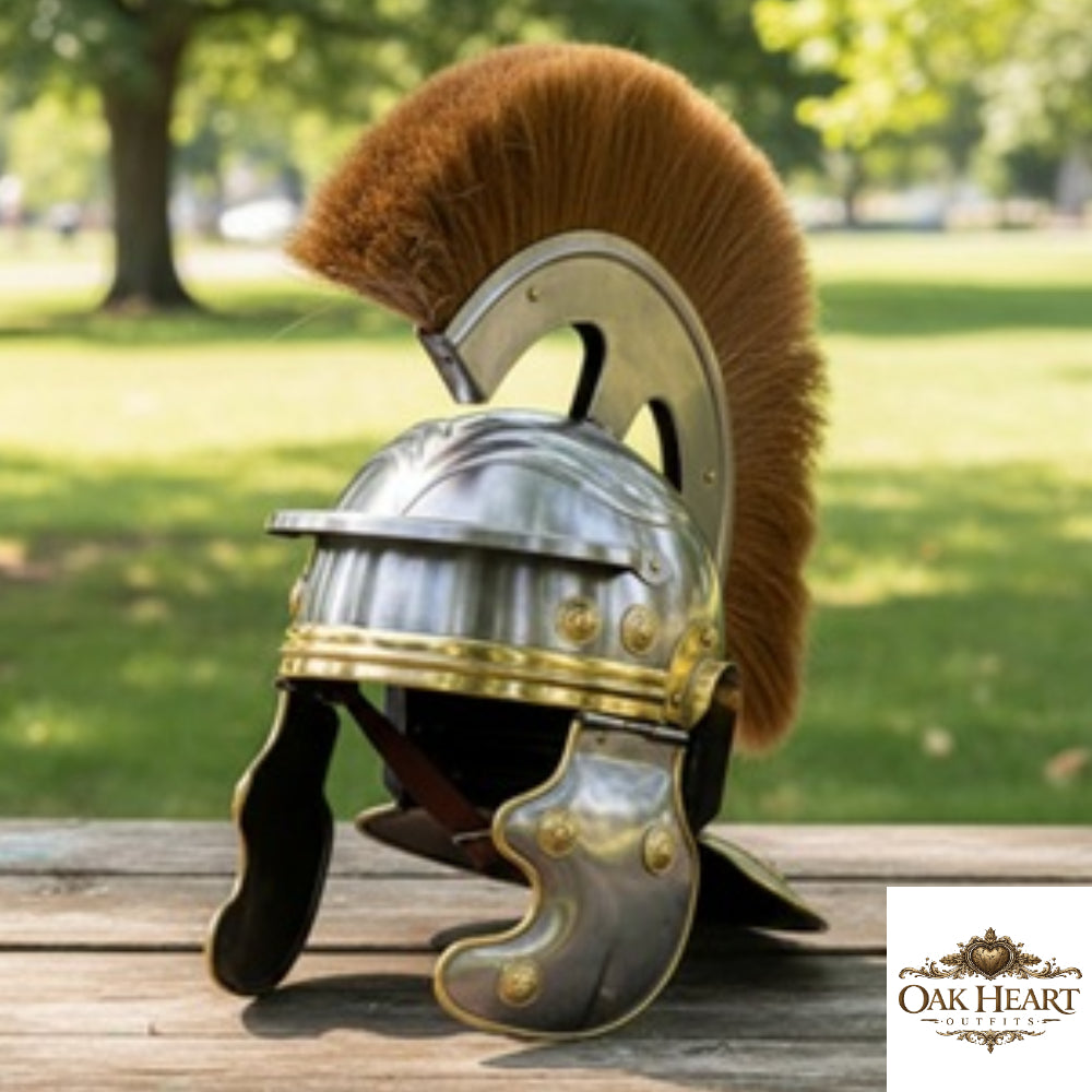 Roman Centurion Helmet with Brown Plume and Wooden Stand