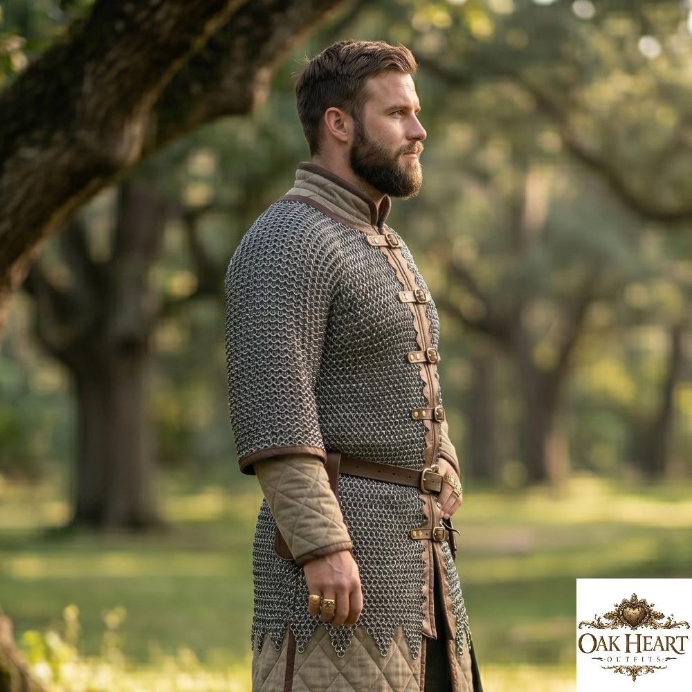 Medieval Chainmail Shirt 9mm Flat Riveted – Leather Trim Zig-Zag Design Armor