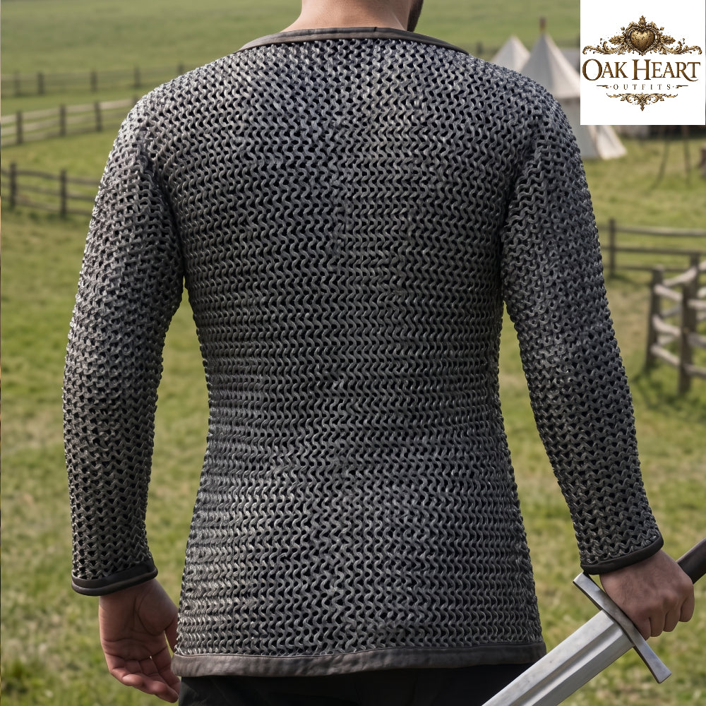 Aluminum Chainmail Hauberk – 16 Gauge 10mm Flat Riveted Armor with Leather Trim