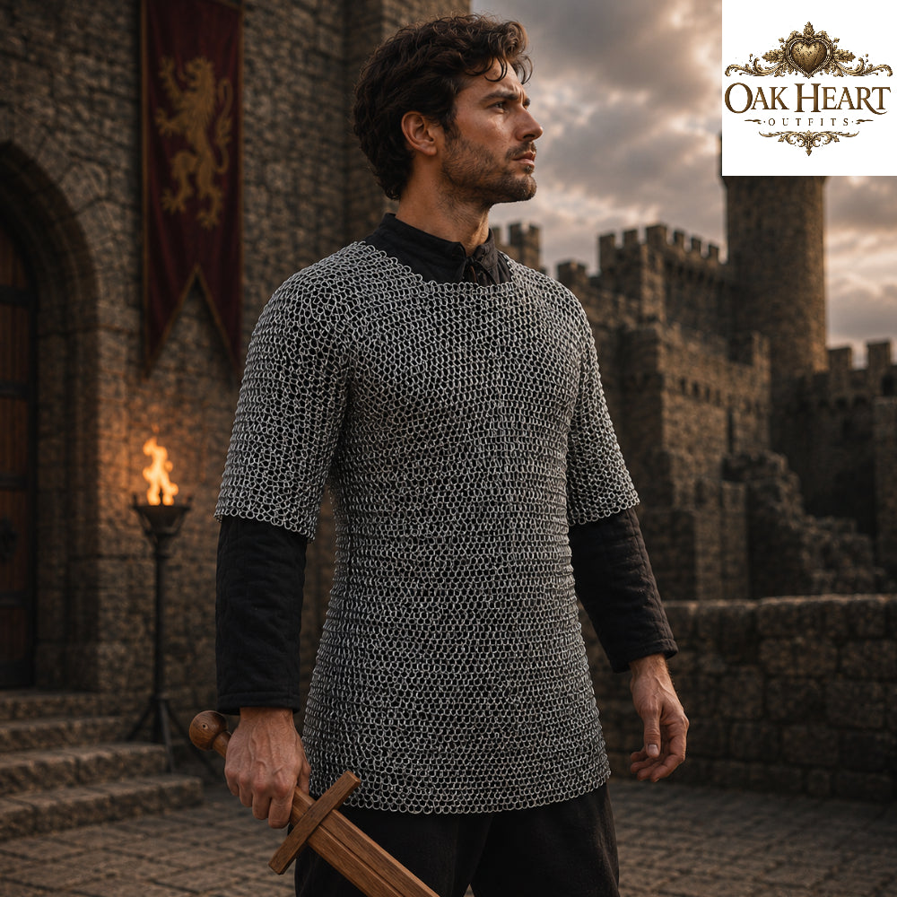 Aluminum Chainmail Haubergeon Shirt – Riveted Viking Knight Armor, Lightweight